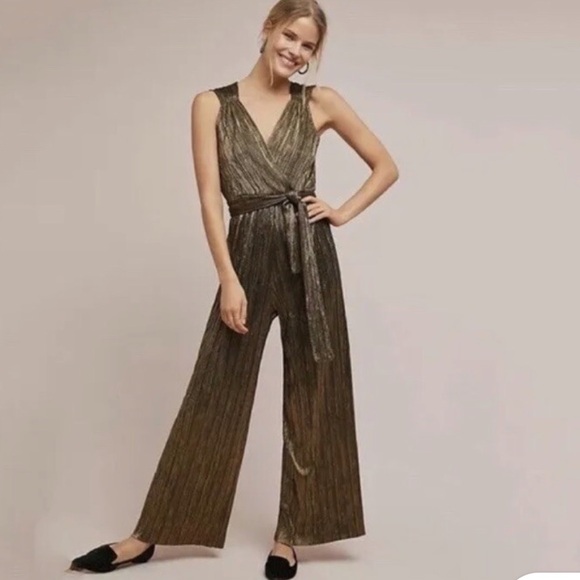 Anthropologie Vanessa Virginia Blue Metallic Wide Leg Jumpsuit XL - Picture 6 of 6